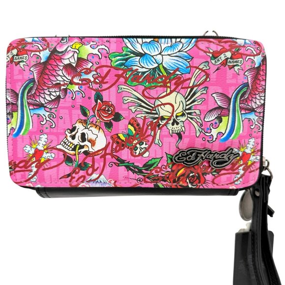 Ed Hardy Women's Crossbody Wallet With Strap Pink Tattoo Print Vegan Leather NWT - Picture 3 of 12
